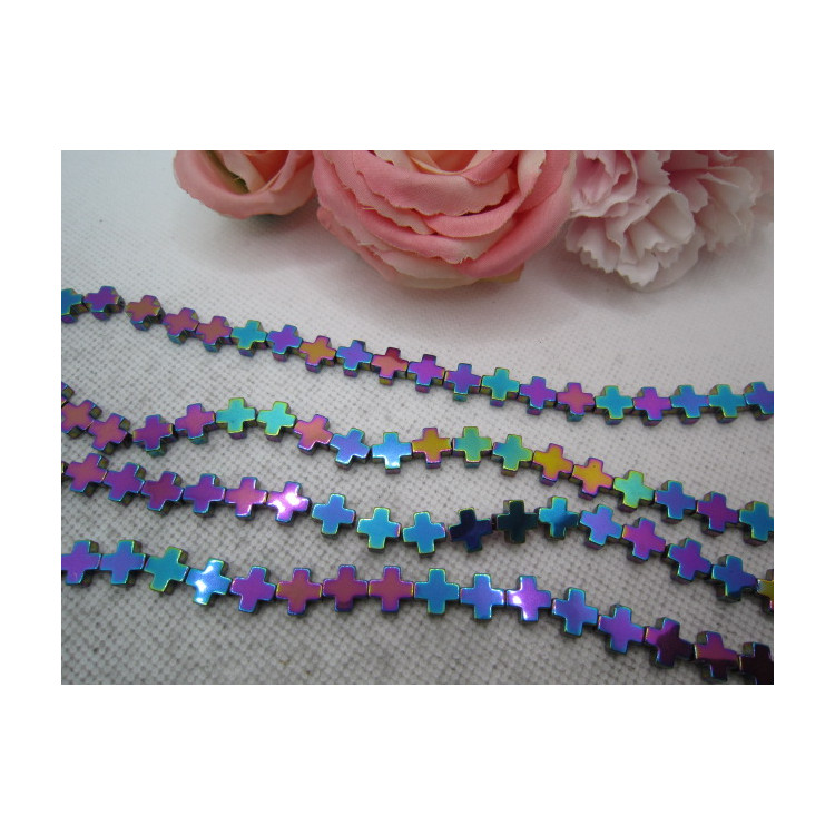 PERLES HÉMATITE FORME DE CROIX 8MM rose et vert